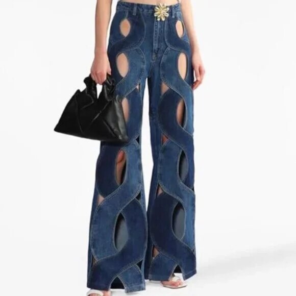 Hollow Out Cable Twist Heart Contrast Cutout Flare Jeans Pants Trousers - Picture 3 of 8